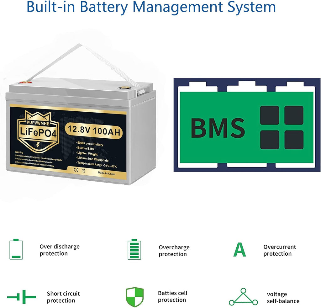 12V 100Ah Bluetooth LiFePO4 Lithium Battery with 100A BMS, Low Temperature Protection, 1280Wh Energy I40897
