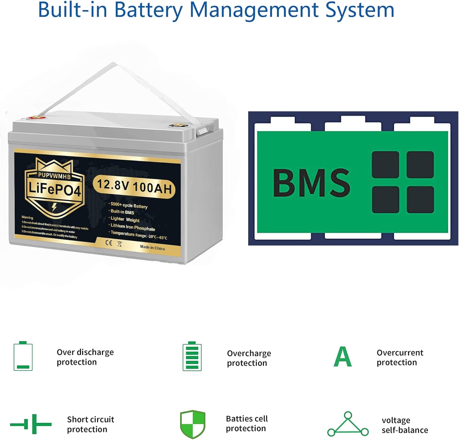 12V 100Ah Bluetooth LiFePO4 Lithium Battery with 100A BMS, Low Temperature Protection, 1280Wh Energy I40897