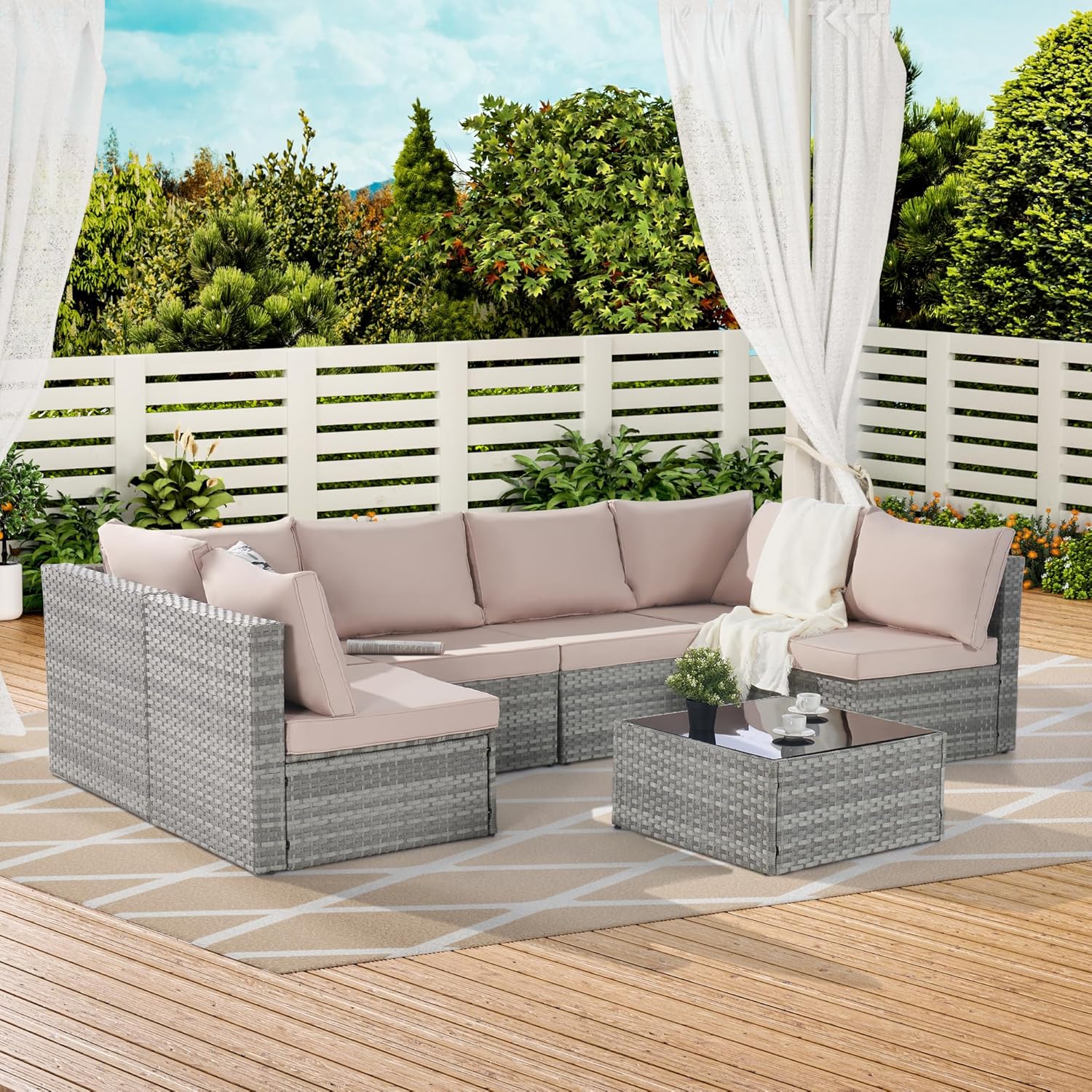 Beige 7 Piece PE Rattan Wicker Patio Conversation Set with Coffee Table B1590