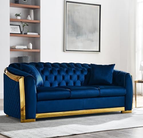Blue Tufted Velvet 3 Seater Sofa with 2 Pillows J6858