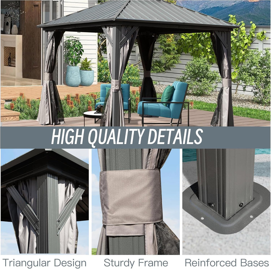8x8FT Hardtop Gazebo with Galvanized Steel Double Roof Canopy, Curtain and Netting, Gray B2757