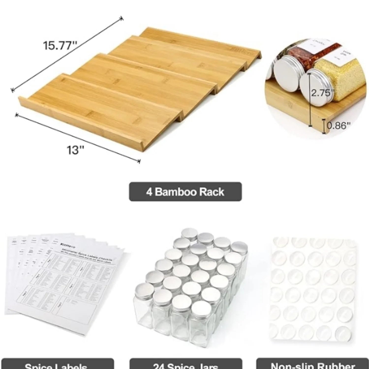 Bamboo 4 Tier Spice Rack with 24 Spice Jars and 216 Labels R4572