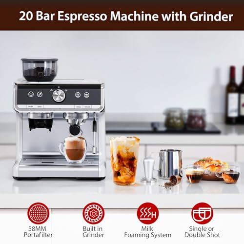20 Bar Espresso Machine with Grinder and Milk Frother Steam Wand V2608