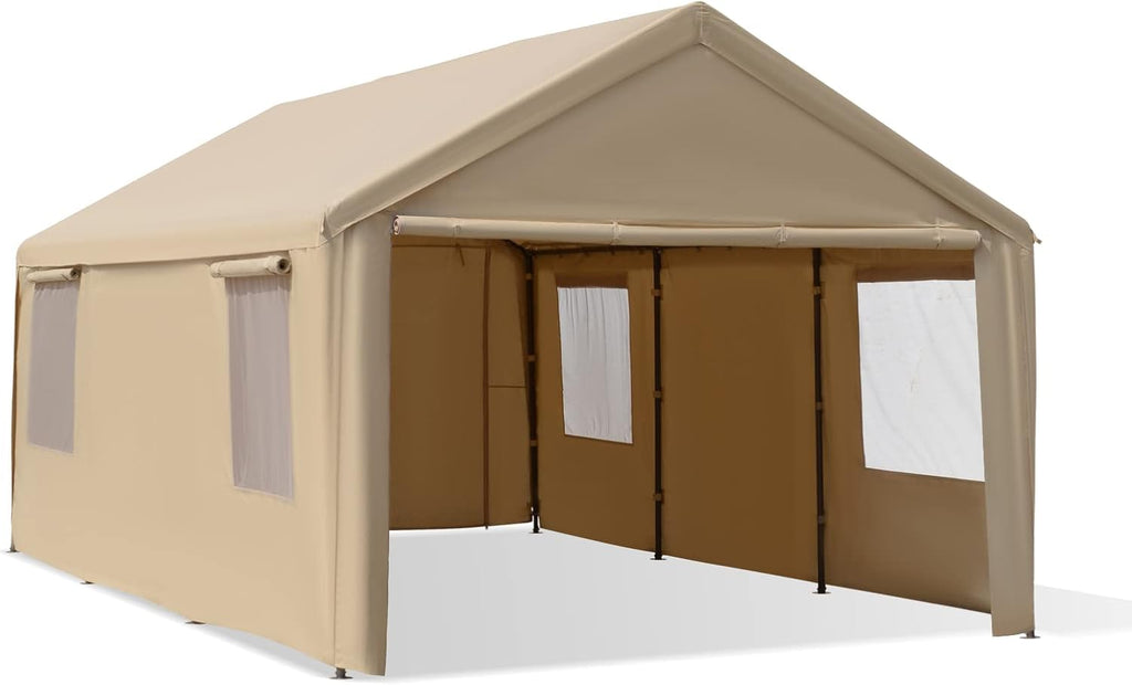 12'x20' Extra Large Heavy Duty Carport with Roll-up Ventilated Windows, Removable Sidewalls & Doors, Beige K926