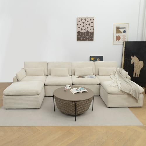 Modular Sectional Sofa, Fluffy Corduroy, Oversized 4 Seater with Ottomans O489940