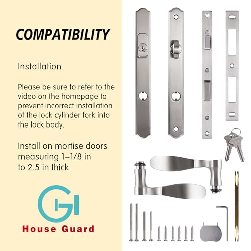 Brushed Nickel Patio Door Handle with Lever Handle Mortise Lock Set J59034