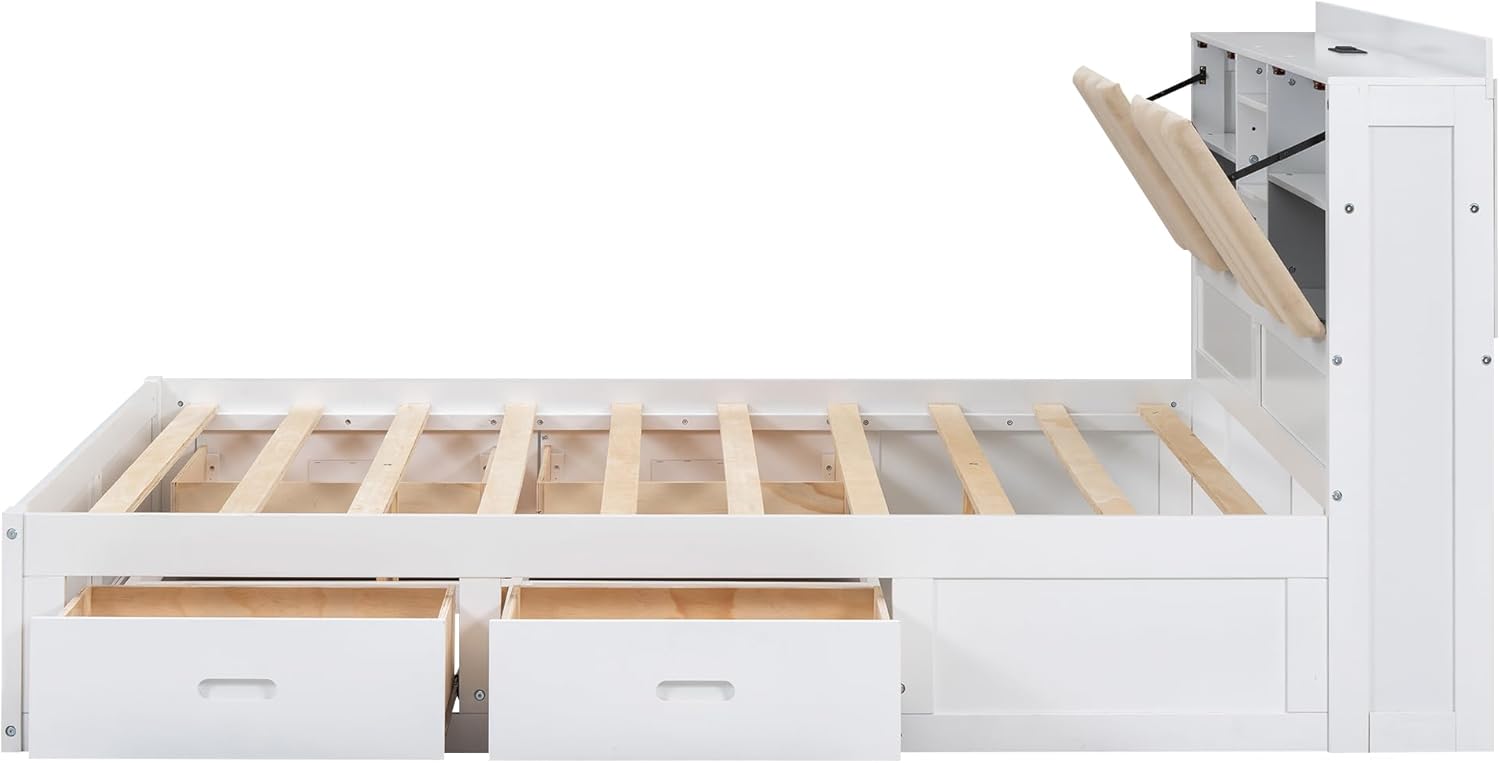 White Wood Full Size Platform Bed with Storage Headboard and 4 Drawers M233