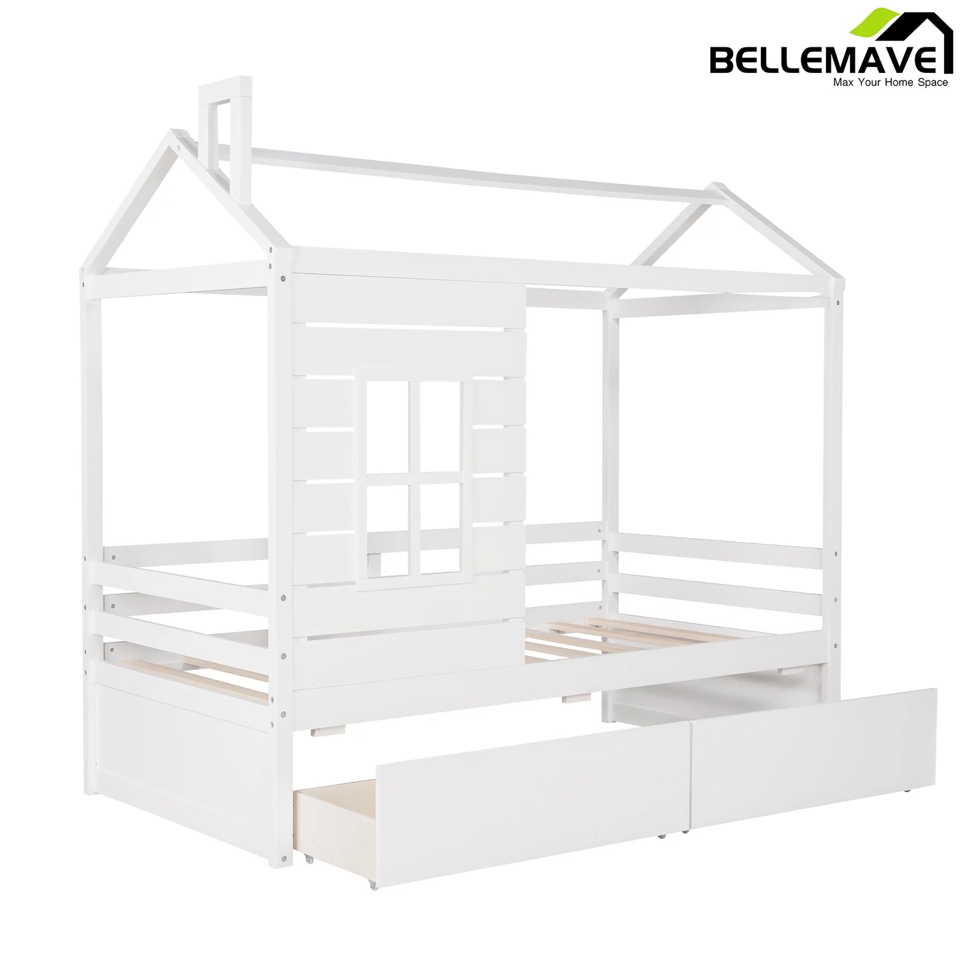 White Twin Size Wooden House Bed with Drawers and Guard Rails M1444