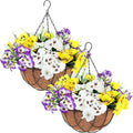 2 Pack Artificial Flowers with Hanging Basket, 12 Inch Faux Hanging Plants Coconut Lining Baskets T368
