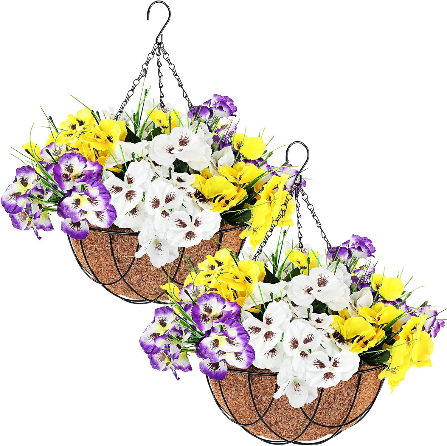 2 Pack Artificial Flowers with Hanging Basket, 12 Inch Faux Hanging Plants Coconut Lining Baskets T368