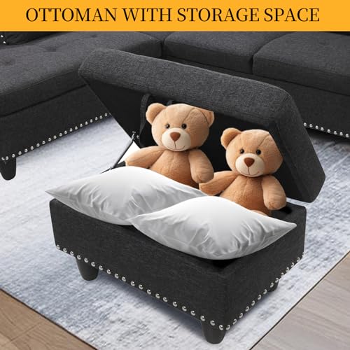 Charcoal Grey L Shaped Sectional Sleeper Sofa with Storage Ottoman L727730