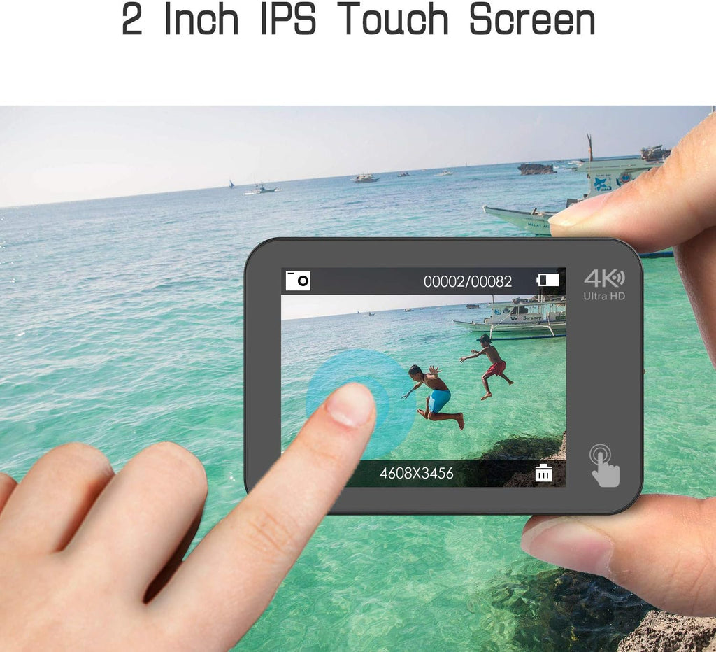 4K 60FPS 20MP Waterproof Action Camera with Touch Screen Stabilizer and 2 Rechargeable Batteries G3947
