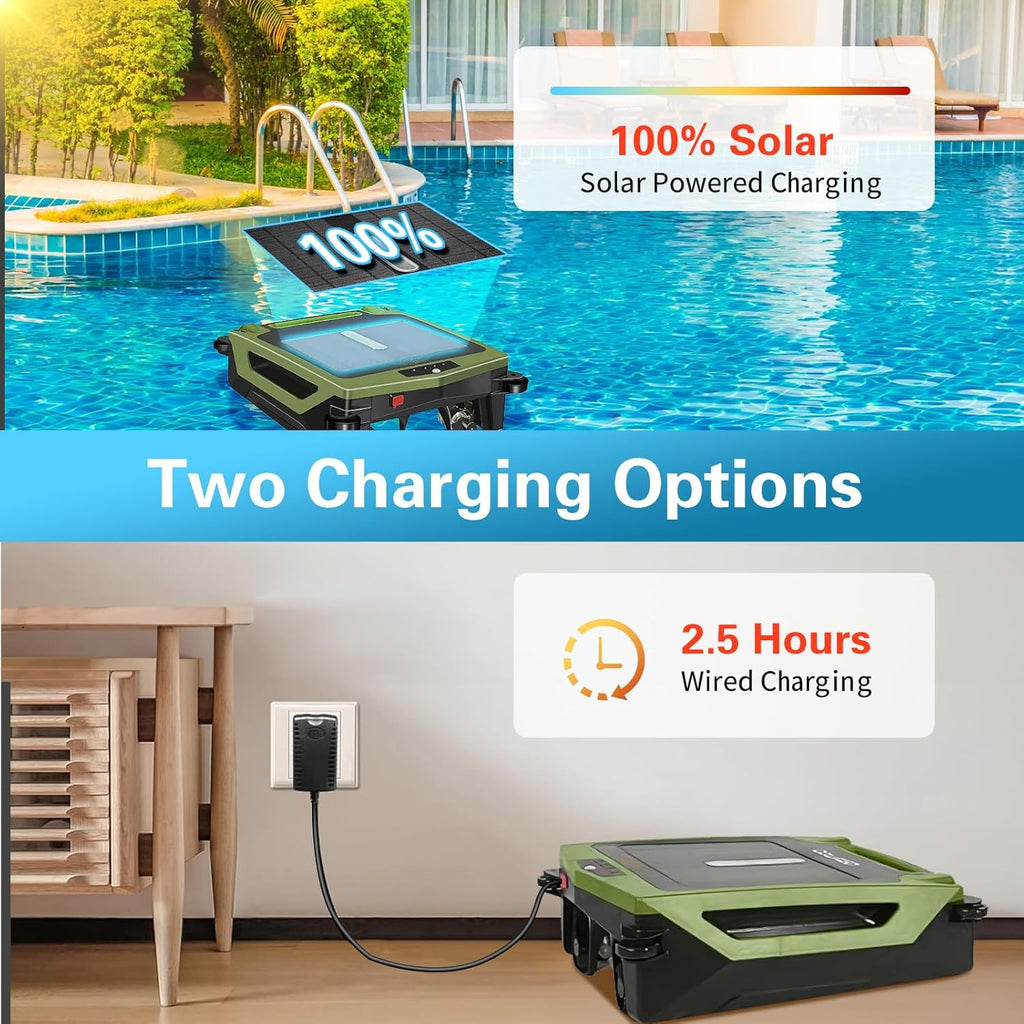 Cordless Robotic Pool Cleaner, Solar Powered Pool Skimmer with Dual Charging Options, Pool Robot Vacuum with Automatic Obstacle Avoidance, Green L576