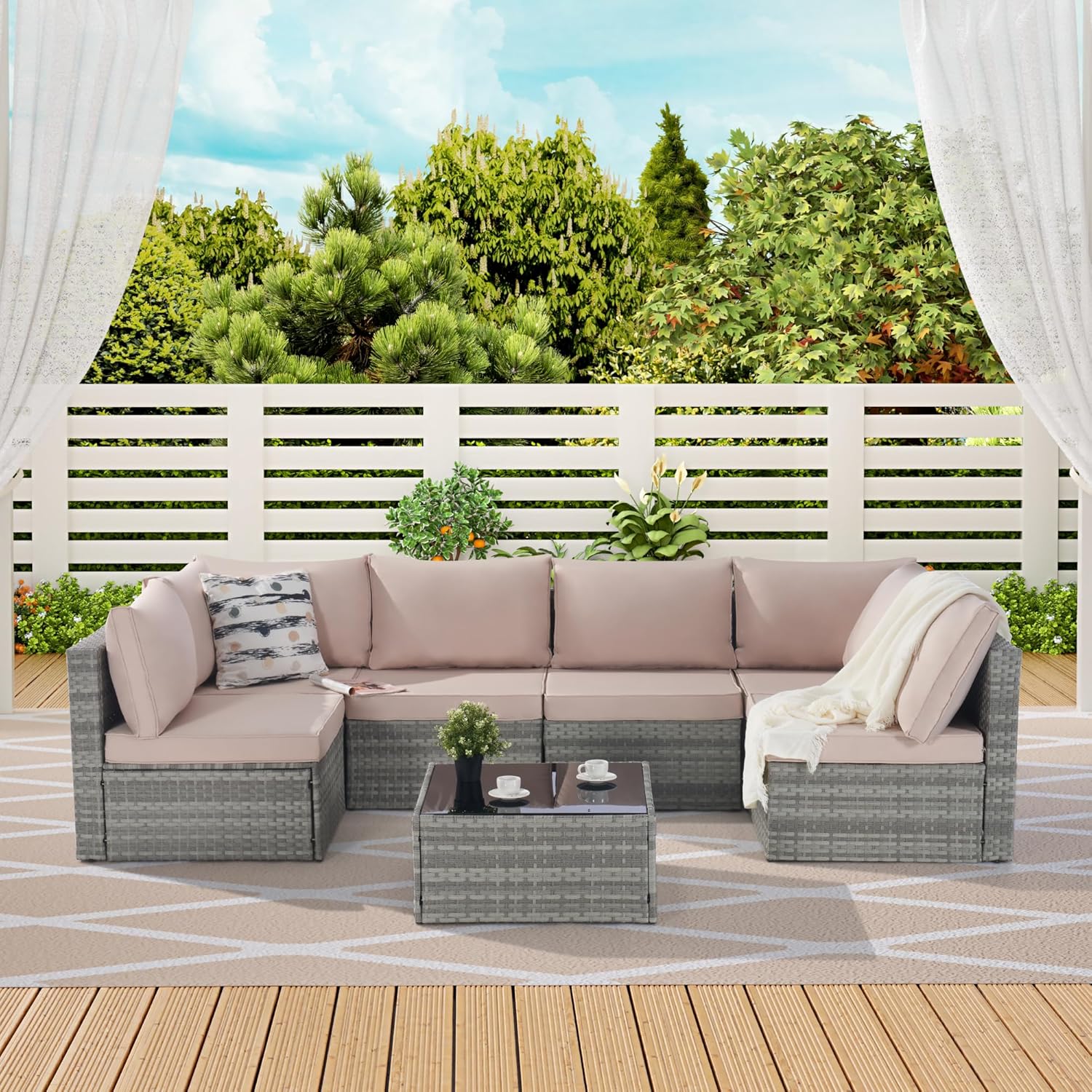Beige 7 Piece PE Rattan Wicker Patio Conversation Set with Coffee Table B1590