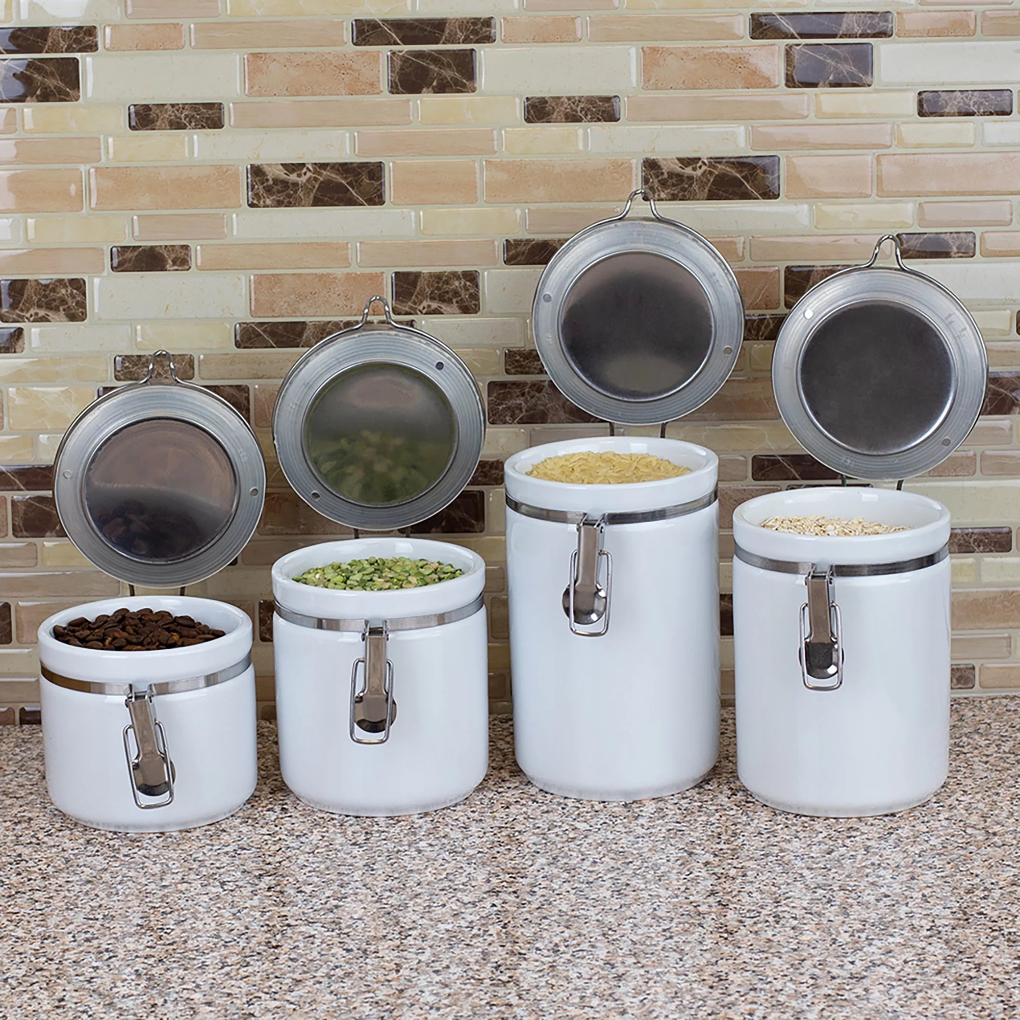 4 Piece Ceramic Canister Set with Stainless Steel Tops, White B53387