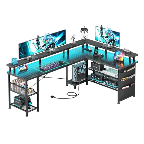 Black Carbon Fiber L Shaped Gaming Desk with Power Outlet and LED Lights O68644