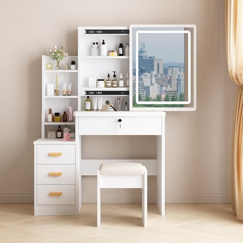 White Vanity Desk with Mirror and Lights, 3 Lighting Modes, Drawers, Open Storage Shelves J3904