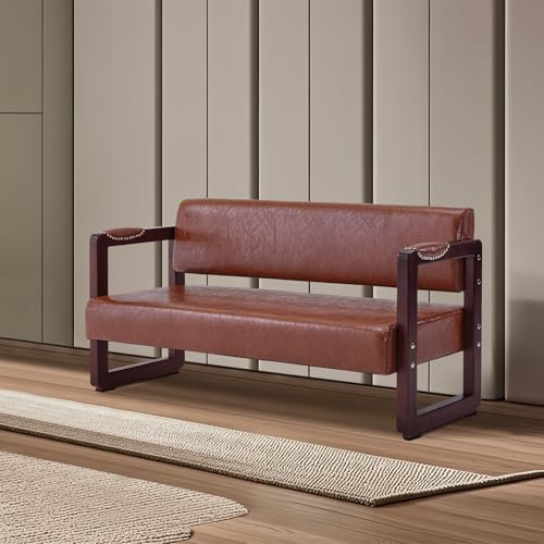 Brown Faux Leather Bench with Backrest T8226