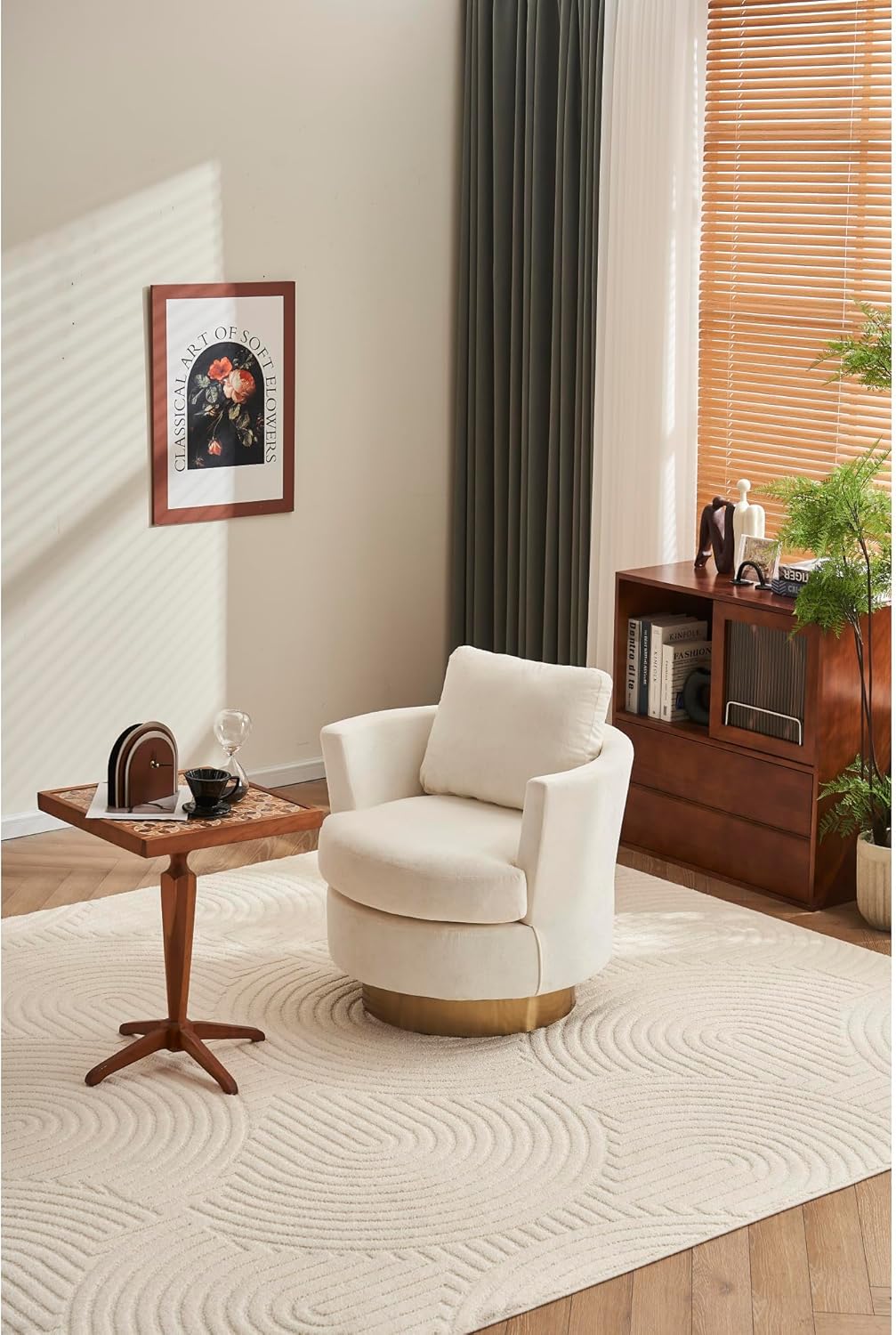 Beige Velvet Swivel Barrel Chair with Gold Stainless Steel Base T511365