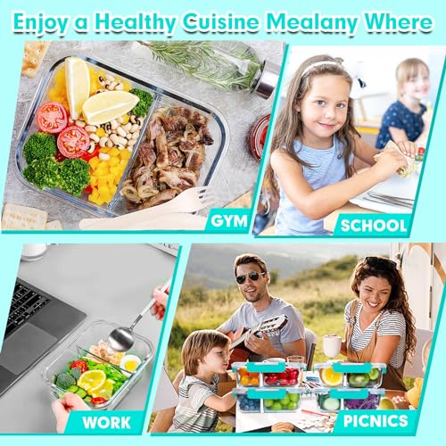 5 Pack Glass Meal Prep Containers 2 Compartment Set, 36OZ Airtight Glass Food Storage Containers with Lids, Grey P726728