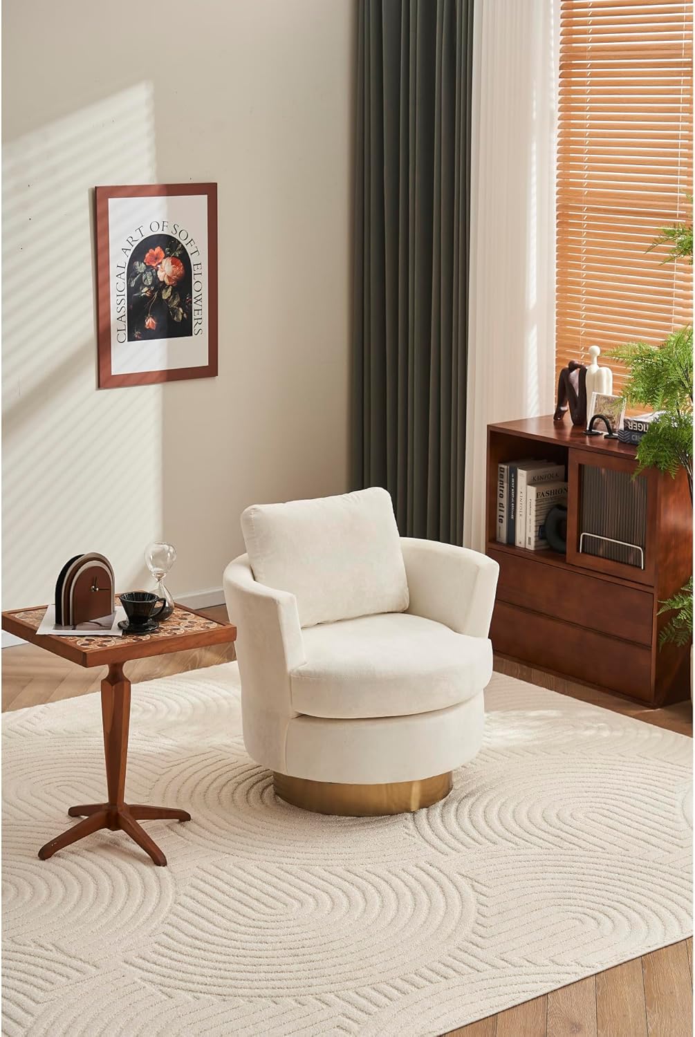 Beige Velvet Swivel Barrel Chair with Gold Stainless Steel Base T511365