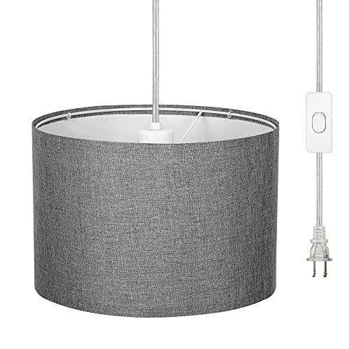 White Fabric Plug In Hanging Pendant Light with 15Ft Cord O779