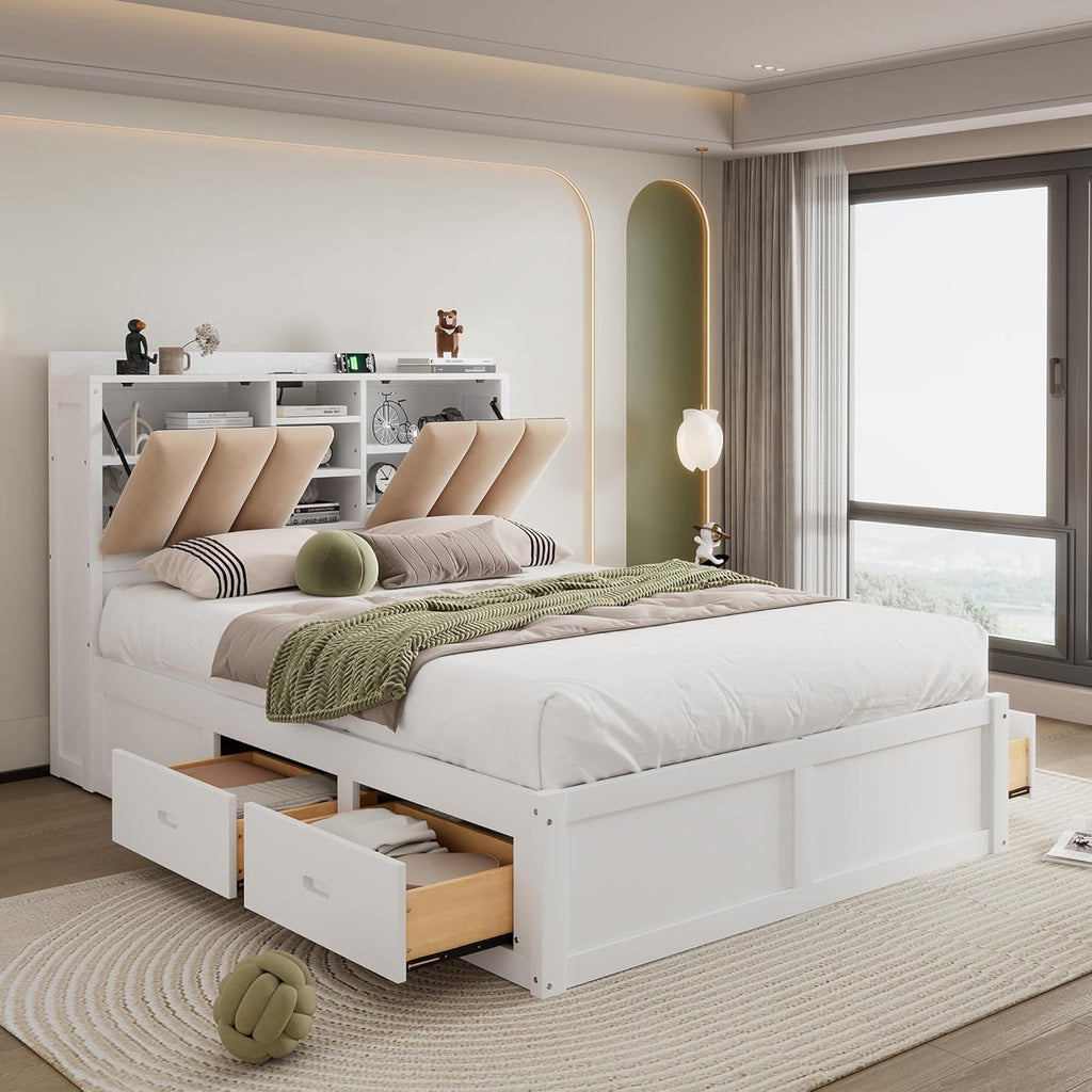 White Wood Full Size Platform Bed with Storage Headboard and 4 Drawers M233
