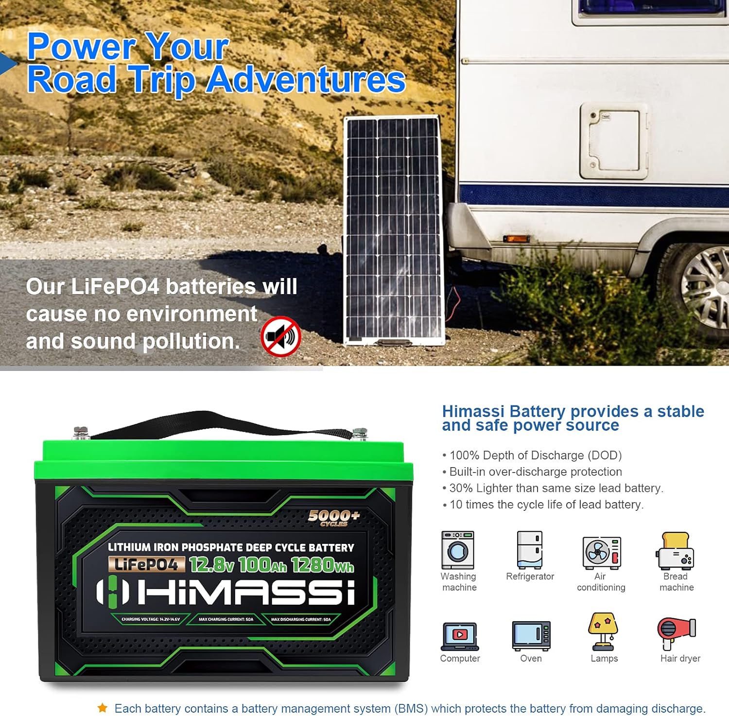 12V 100Ah LiFePO4 Battery 50A BMS Deep Cycle Battery Pack N651637