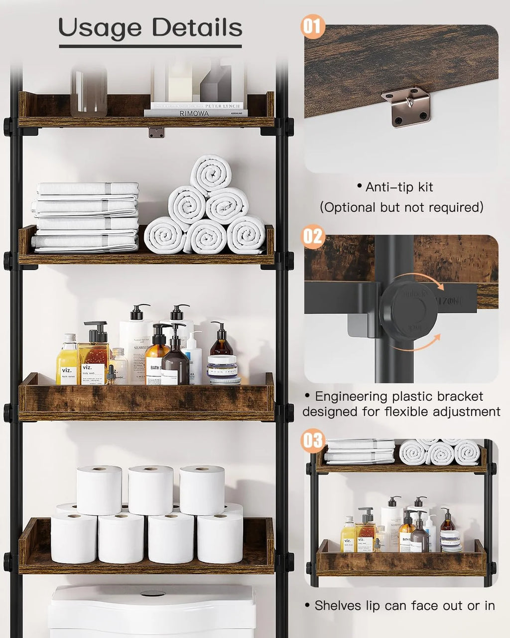 4-Tier Adjustable Wood Bathroom Storage Shelves K9137