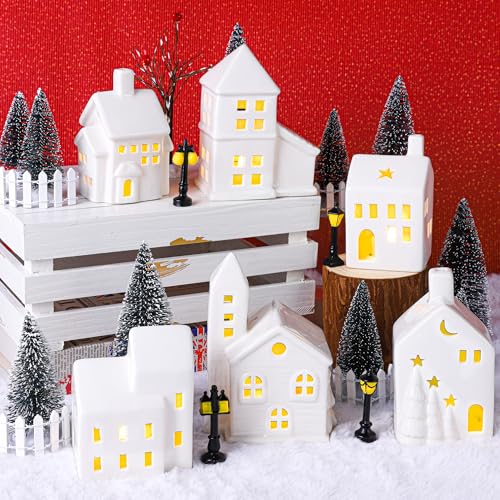 37 Pieces Porcelain Christmas Village Sets with Remote Control LED Tealights L8828