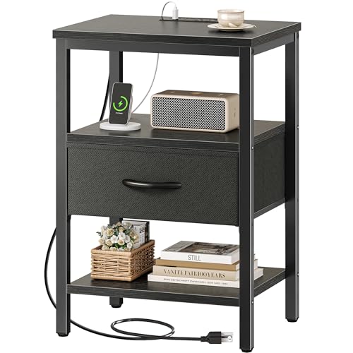 Walnut 3-Tier Nightstand with Fabric Drawer H298