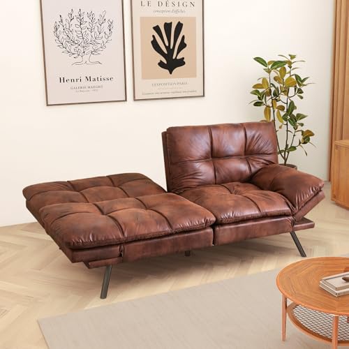 Brown Faux Leather Memory Foam Futon Sofa Bed K3667