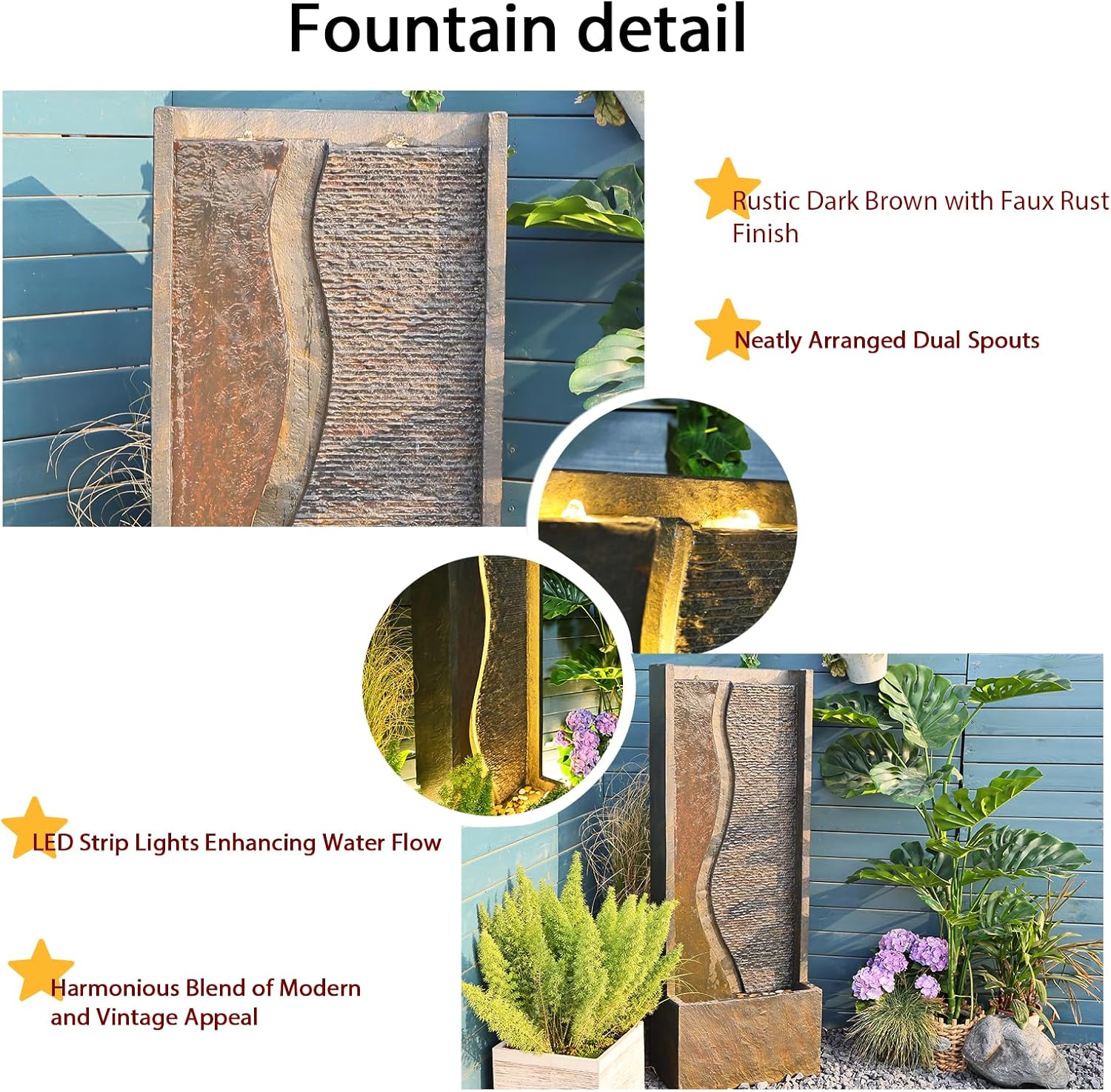 4.1ft Outdoor Water Fountain with LED Lights, Rusty Dark Gray A9797