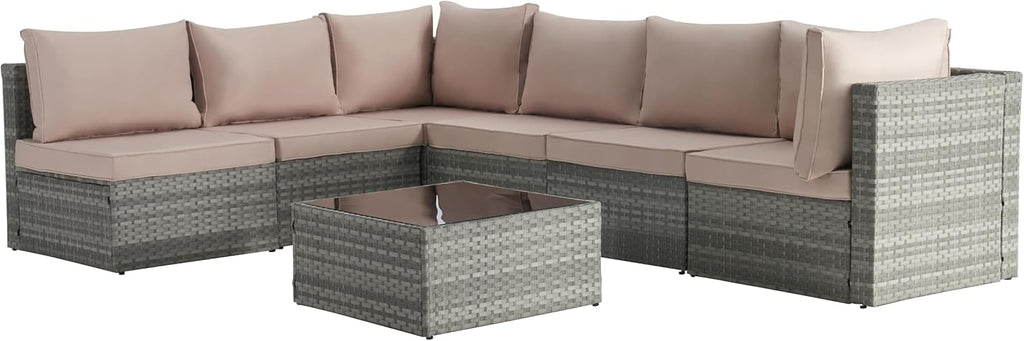 Beige 7 Piece PE Rattan Wicker Patio Conversation Set with Coffee Table B1590