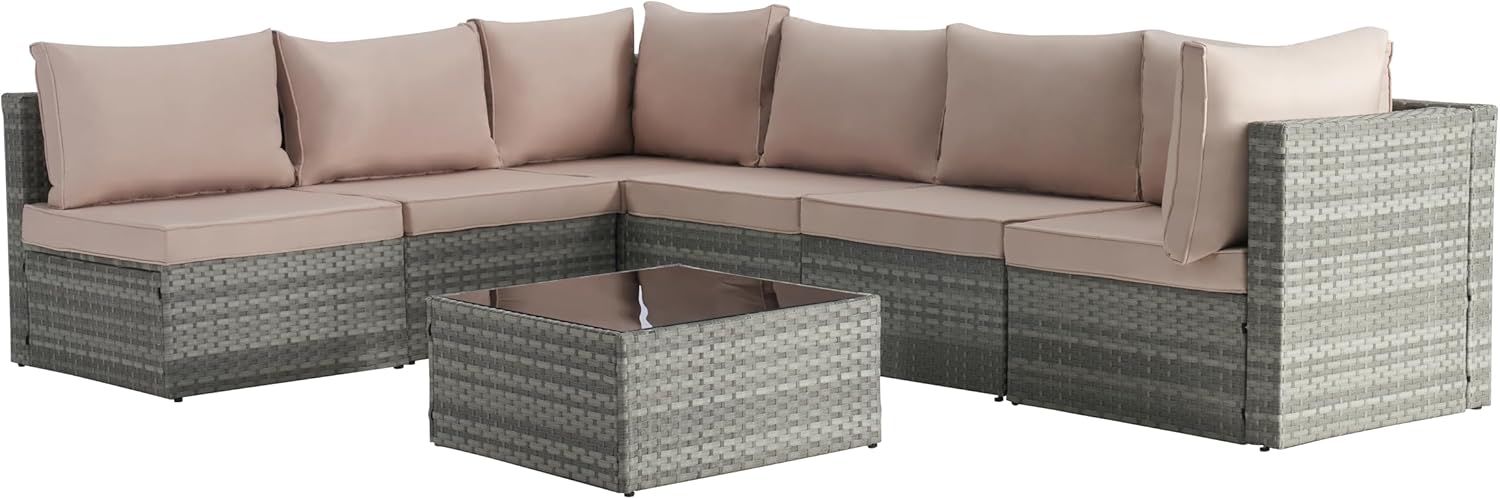 Beige 7 Piece PE Rattan Wicker Patio Conversation Set with Coffee Table B1590