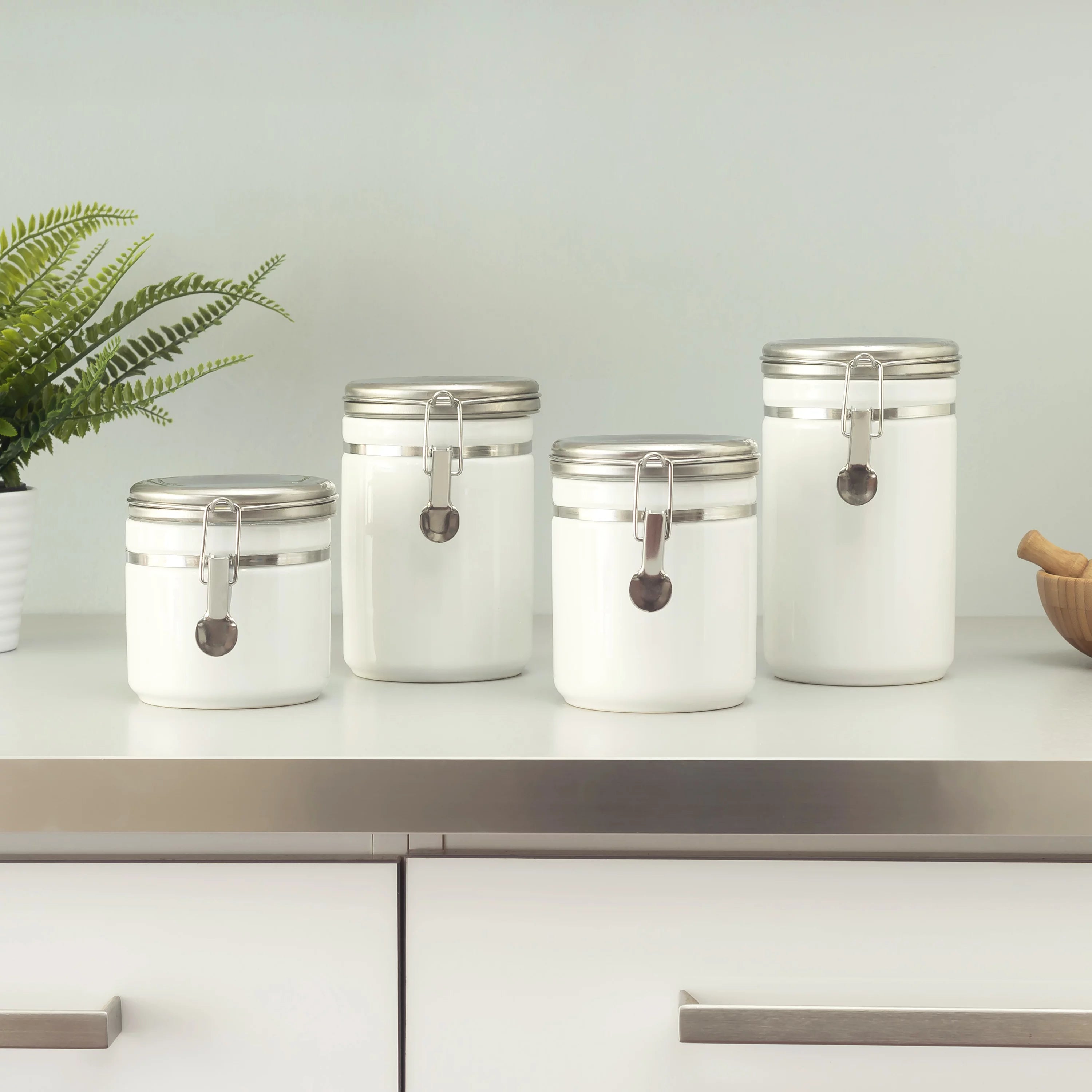 4 Piece Ceramic Canister Set with Stainless Steel Tops, White B53387