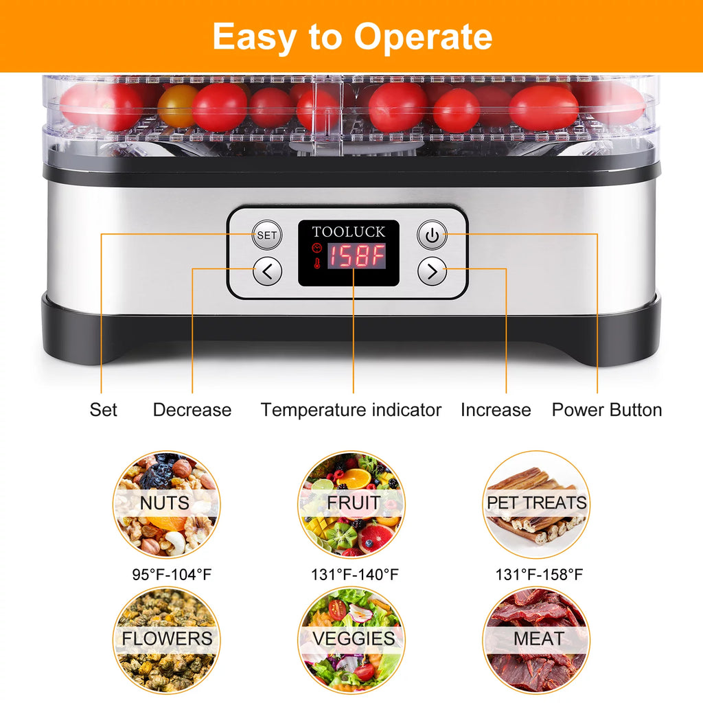 Electric Food Dehydrator, 250W, 5 Drying Trays, Stainless Steel, BPA Free X27786