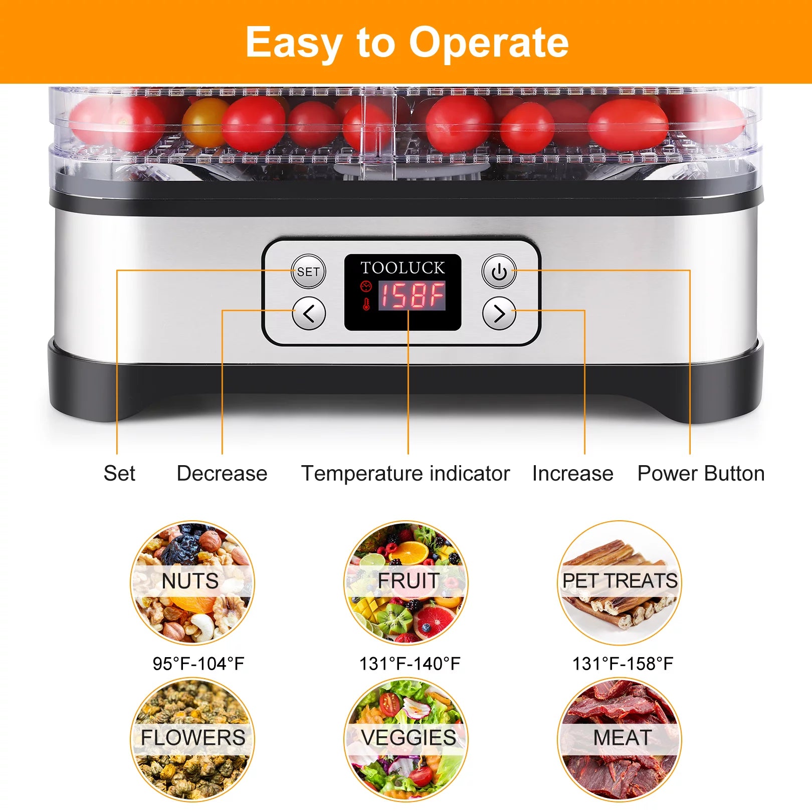 Electric Food Dehydrator, 250W, 5 Drying Trays, Stainless Steel, BPA Free X27786