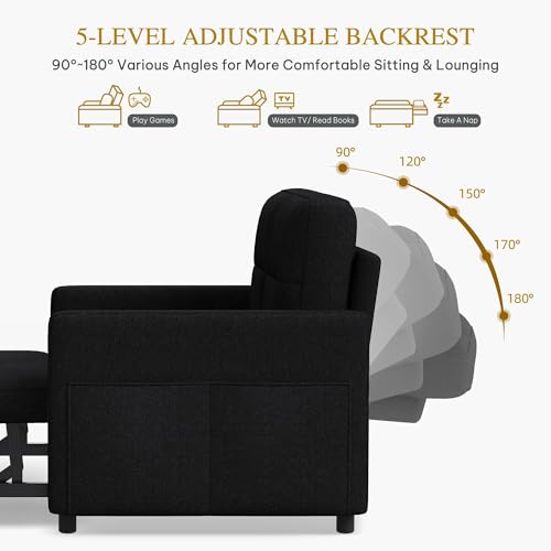 55" Convertible Sofa Bed, 3-in-1 Sleeper Sofa with Pull-Out Bed, Linen Futon Couch, Black A2959