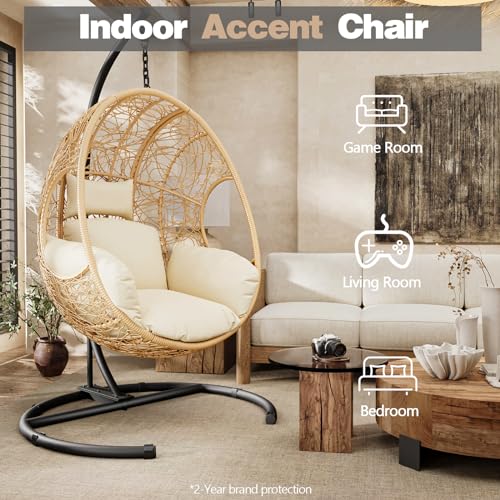 Oversized Outdoor Hanging Egg Chair with Stand, All Weather Wicker, Waterproof Cushion T438