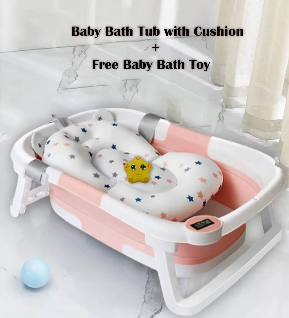 Collapsible Newborn Baby Bathtub with Pillow Cushion Support Bath Net Temperature Sensor Pink Q981