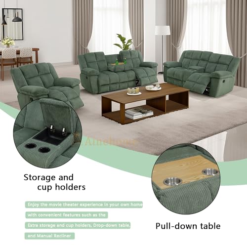 Manual Recliner Sofa Set, Corduroy Recliner Chair, Green Z451728