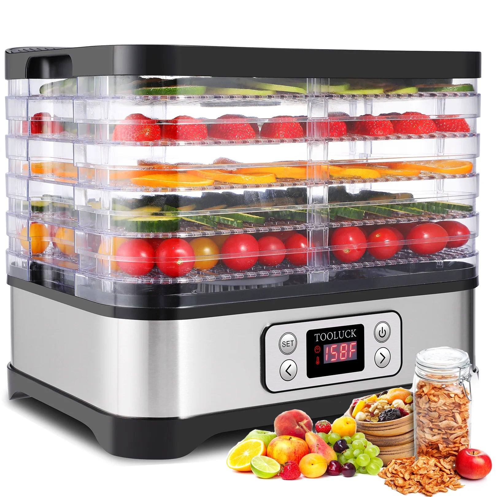 Electric Food Dehydrator, 250W, 5 Drying Trays, Stainless Steel, BPA Free X27786