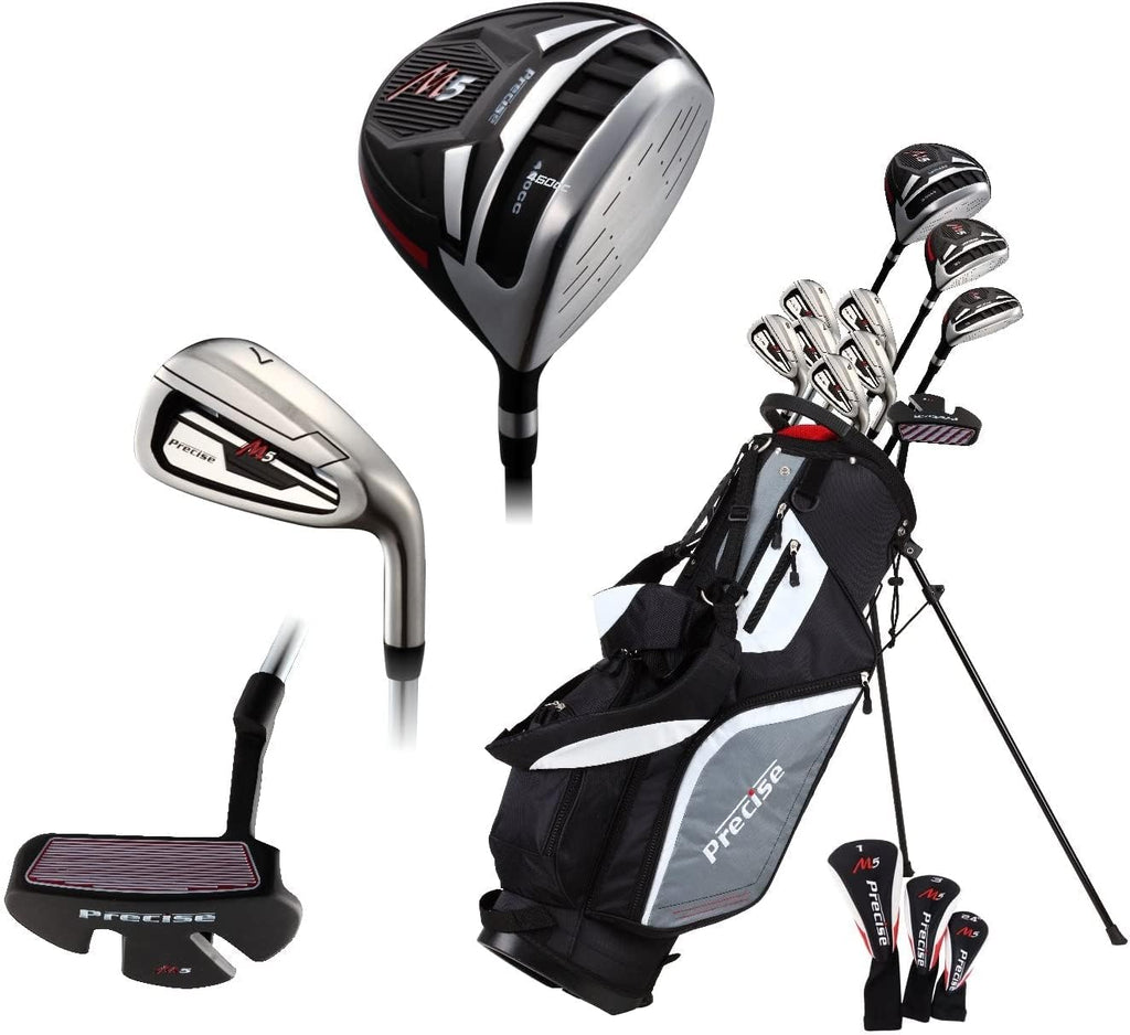 M5 Men's Complete Golf Clubs Package Set Includes Titanium Driver, S.S. Fairway, S.S. Hybrid, S.S. 5-PW Irons, Putter, Stand Bag, 3 H/C's (Left Hand Tall Size +1") Q1520