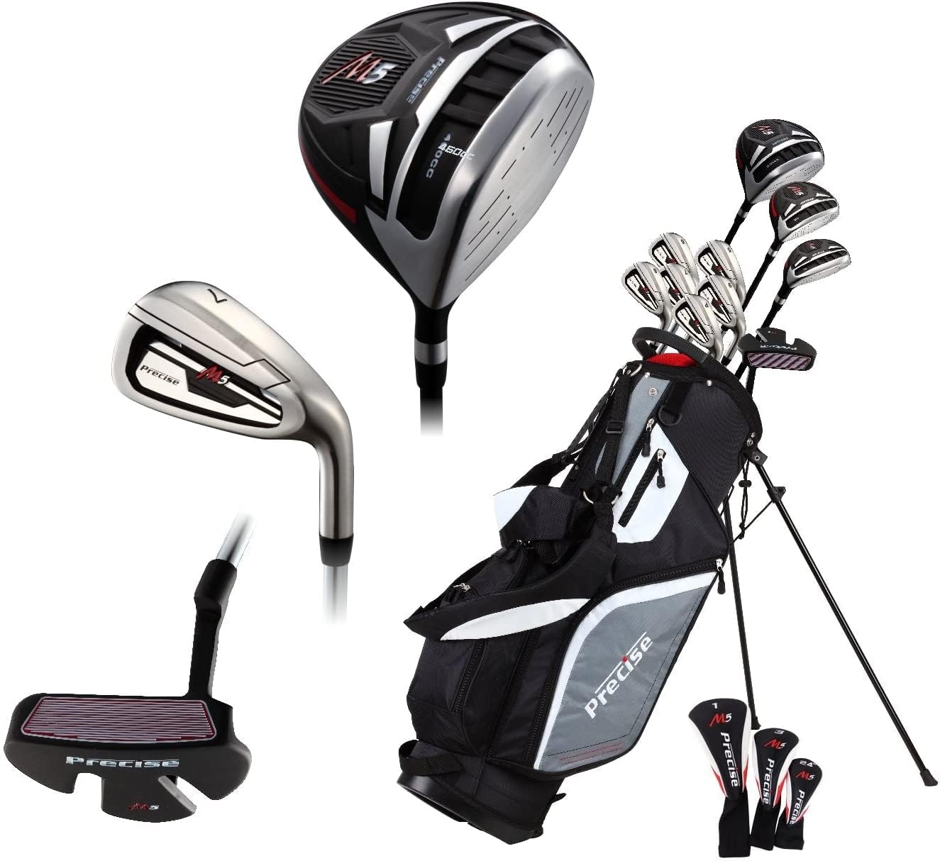 M5 Men's Complete Golf Clubs Package Set Includes Titanium Driver, S.S. Fairway, S.S. Hybrid, S.S. 5-PW Irons, Putter, Stand Bag, 3 H/C's (Left Hand Tall Size +1") Q1520