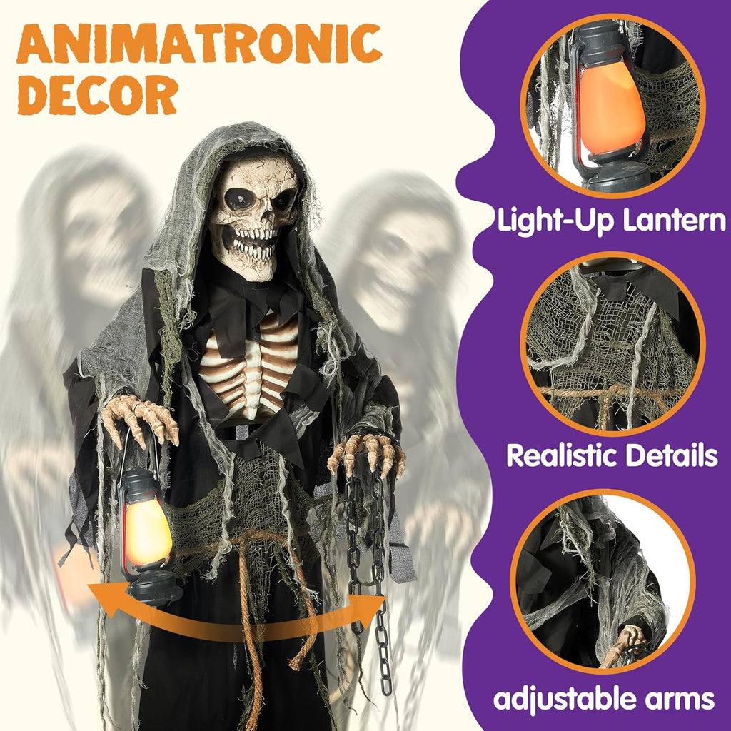 67" Halloween Animatronics Grim Reaper Animated Decoration with Light-Up Eyes E693