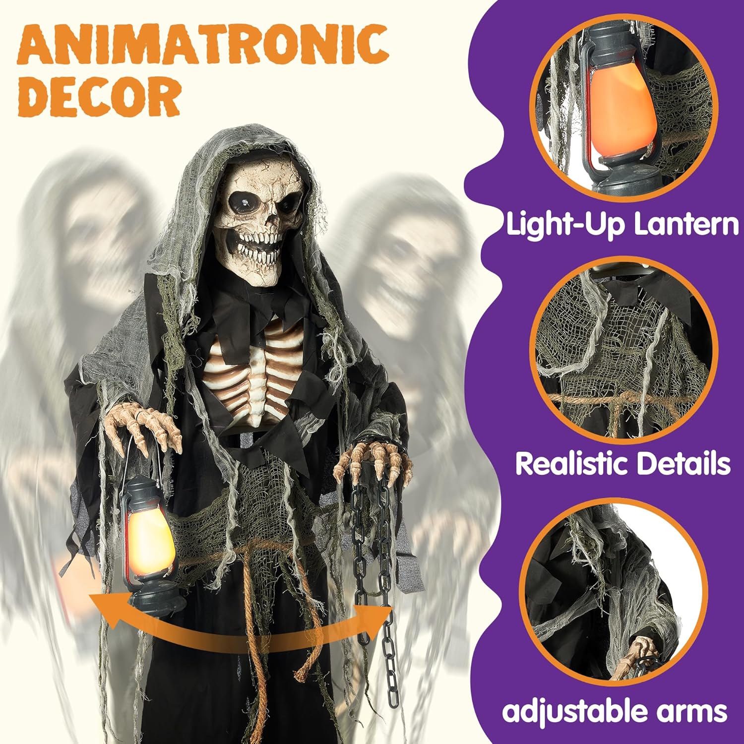 67" Halloween Animatronics Grim Reaper Animated Decoration with Light-Up Eyes E693