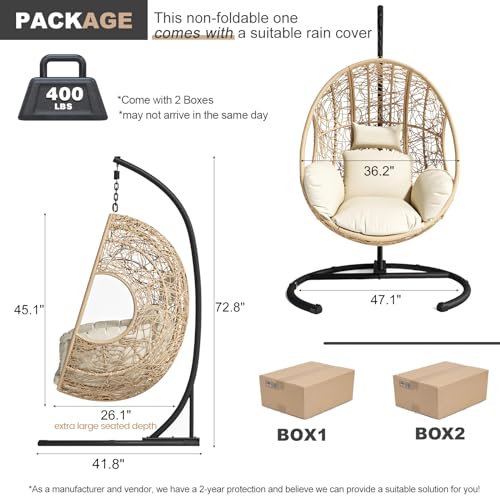 Oversized Outdoor Hanging Egg Chair with Stand, All Weather Wicker, Waterproof Cushion T438