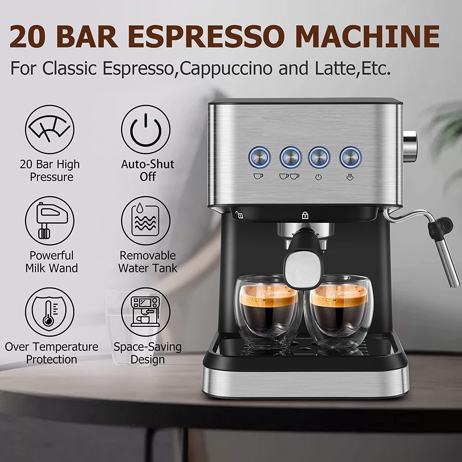 20 Bar Semi-Automatic Espresso Machine with Milk Frother Steam Wand, 50oz Removable Water Tank M956