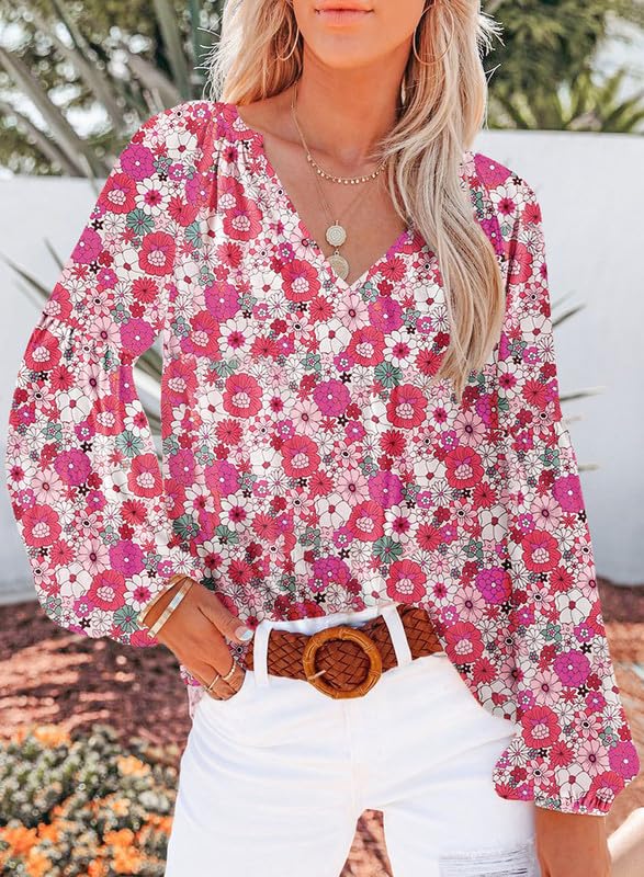 Women's Floral Print V Neck Long Sleeve Loose Blouses Tops A628
